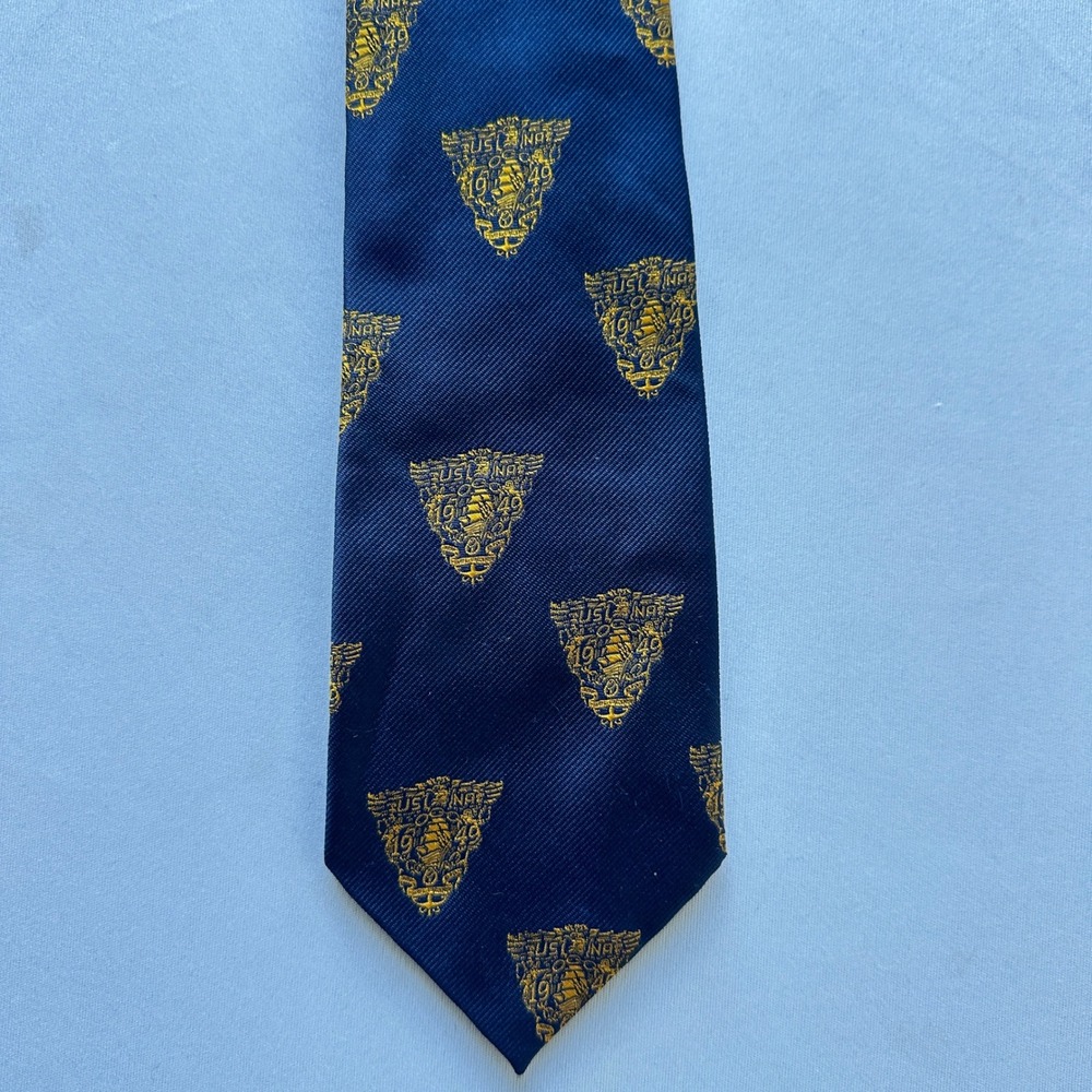 US Naval Academy Tie 1949 USNA Crest Mens Navy Gold Polyester Twill Military Ivy
